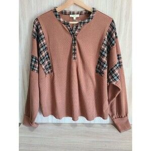 Easel Waffle Knit Henley Top M Rust Plaid Accent Long Sleeve Boutique NWT